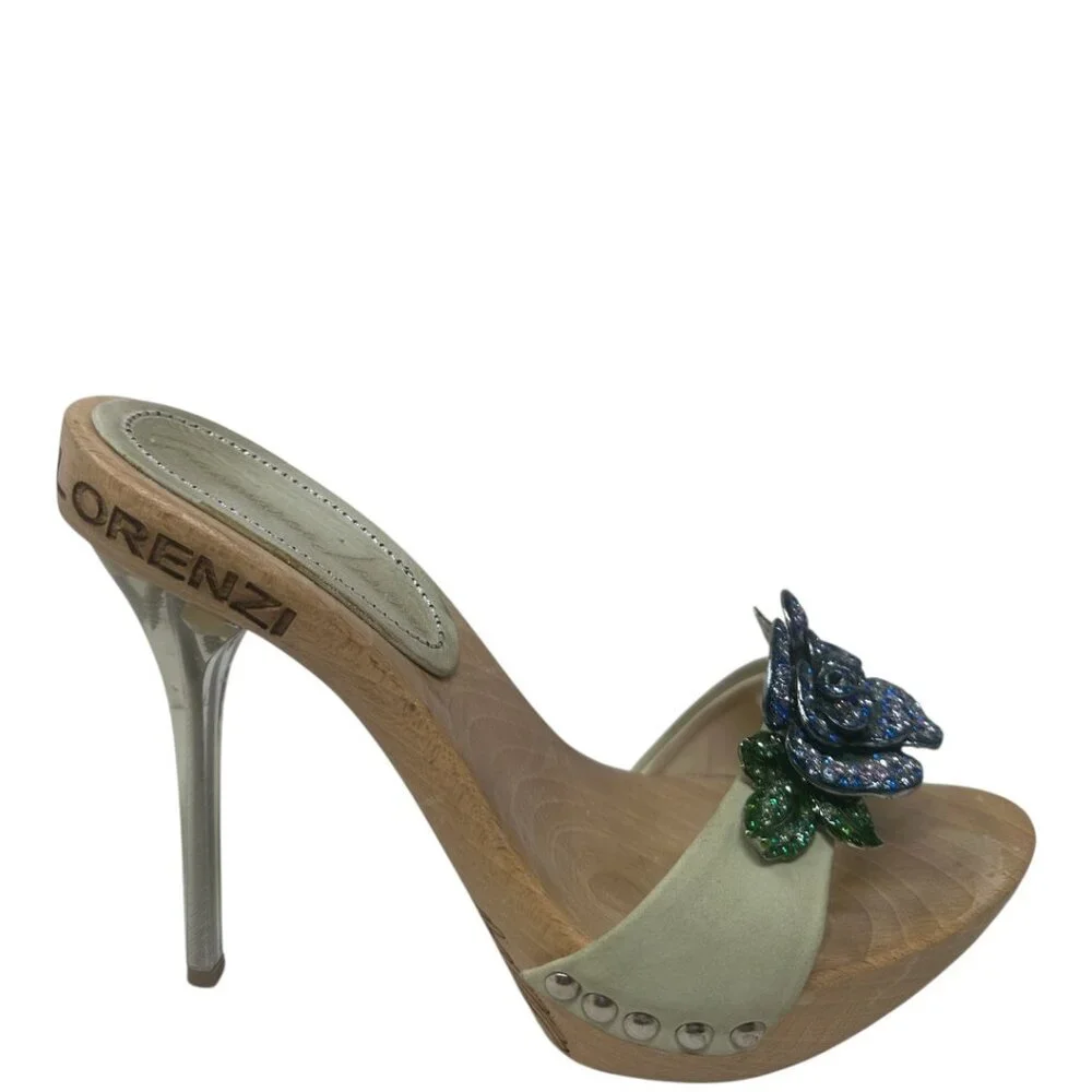 Rare Gianmarco Lorenzi Crystal Flower Wooden Platform Mules 36 / 6